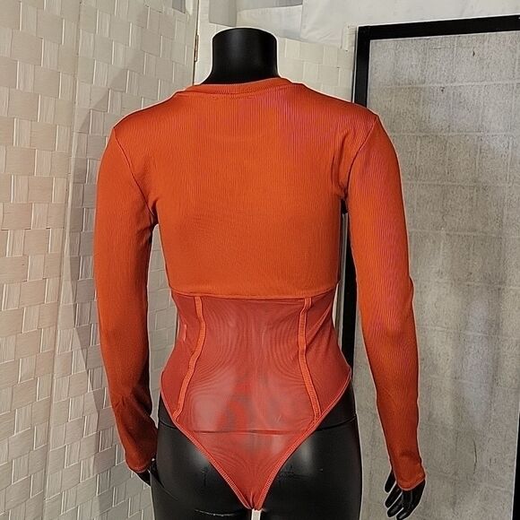 BRAND NEW LONG SLEEVES MESH INSERT HIGH NECK SOLID SHEER THONG SNAP BODYSUIT - Picture 9 of 16